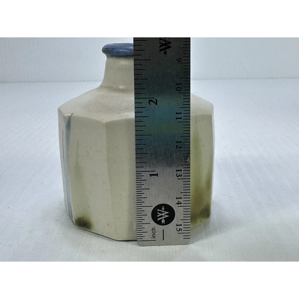Vintage Small Hexagon Ceramic Vase Blue Rim Stamped Makers Mark